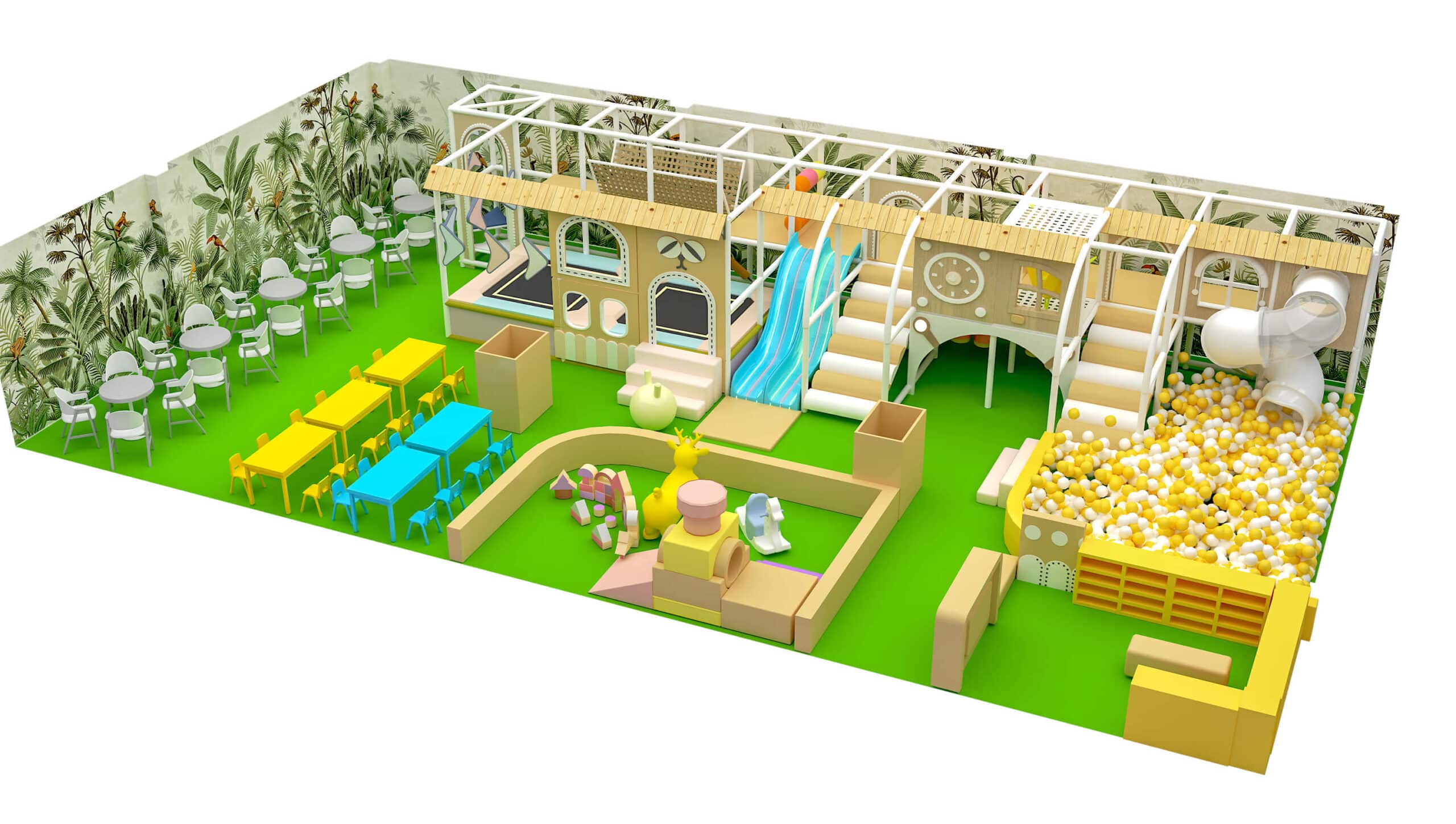 Natura Playground - Amenjare completa tematica din natura, tobogan dublu, lumini led, tobogan spiralat, trambulina, zona joaca copii mici, mese si scaune copii