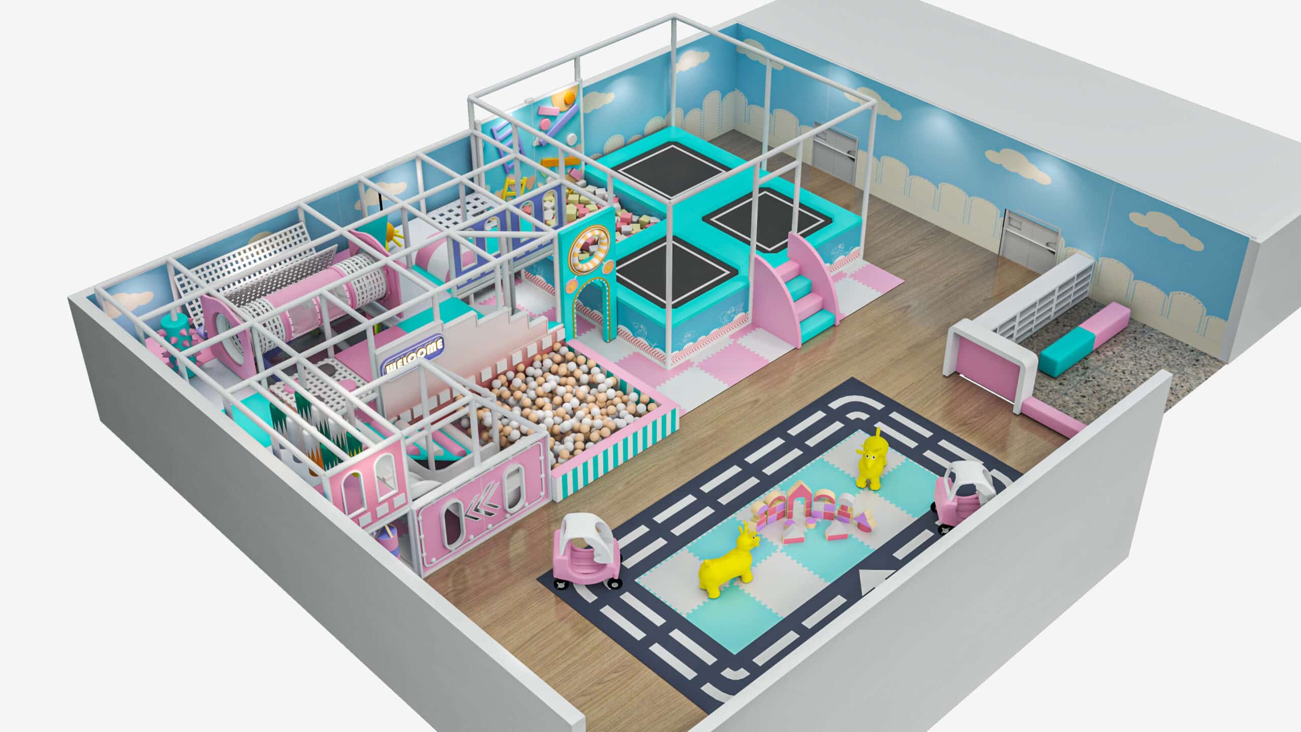 Pastel Playground - Amenajare completa spatiu de joaca interior, Structura modulara, tobogan, trambuline, groapa cu bureti, perete catarat, zona toddler