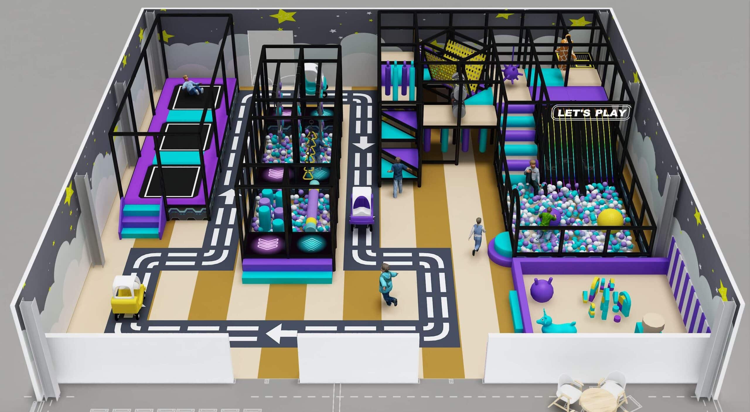 Neon Playground - Amenajare completa spatiu joaca, lumini led, traseu ninja, trambuline, zona toddler, tematica trafic