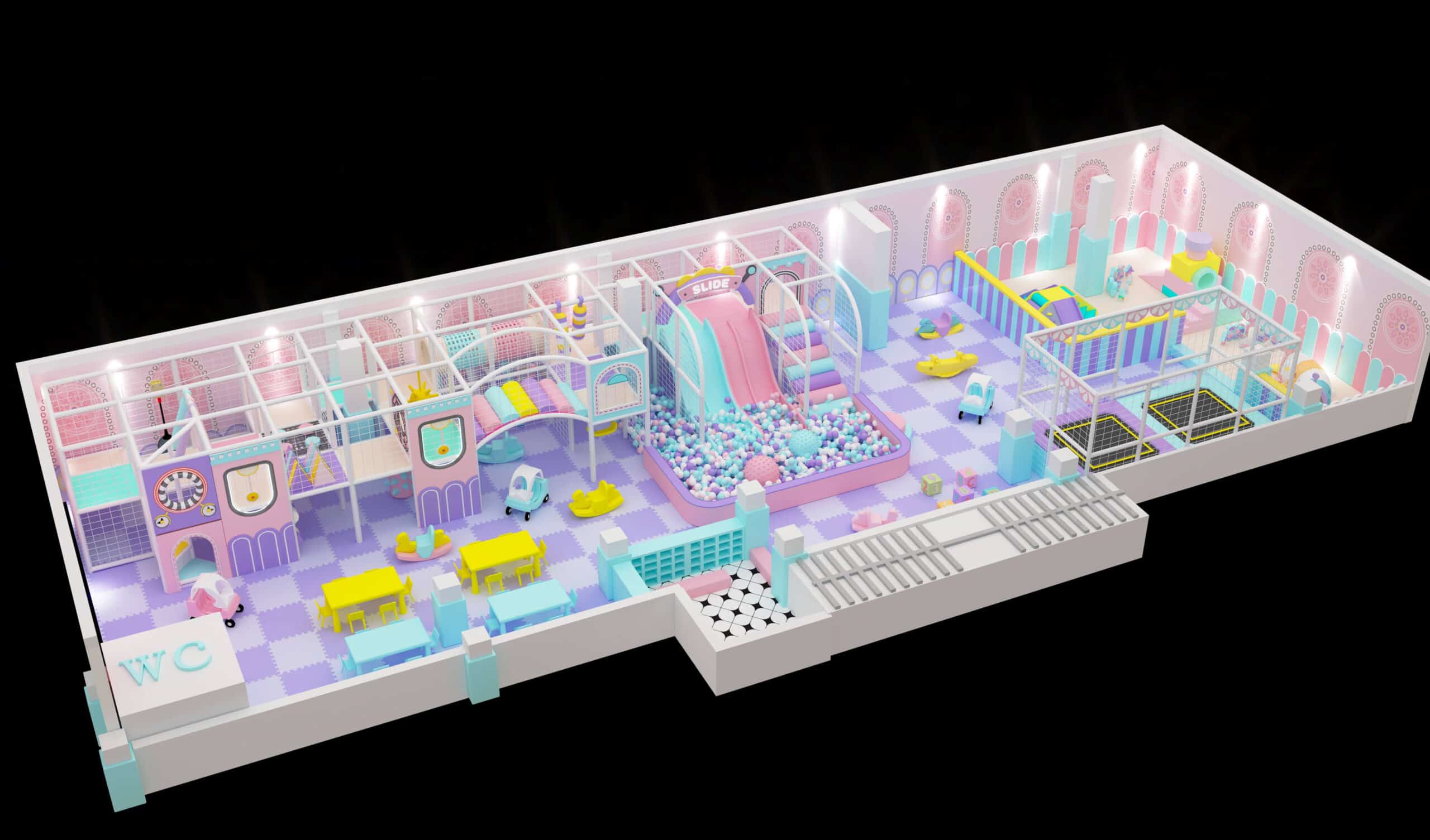 Amenajare completa spatiu joaca cu structura modulara, tobogane duble, tiroliana, pod, tunel, trambuline, zona toddler, zona party