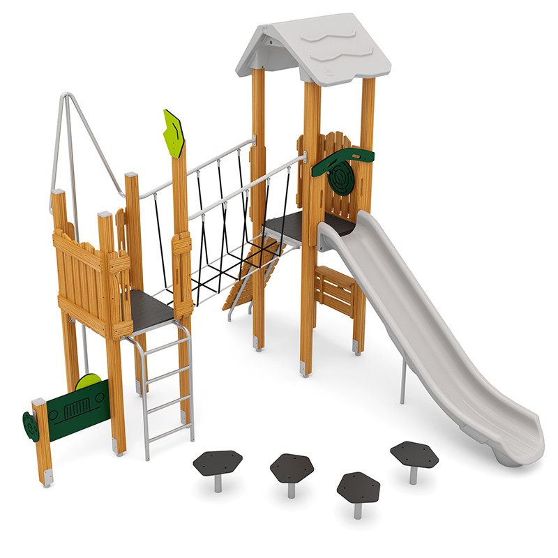 Structura modulara - Turnuri cu tobogan, punte, cataratori, traseu echilibru, bara de pompieri si panou educational PZG-W-B004