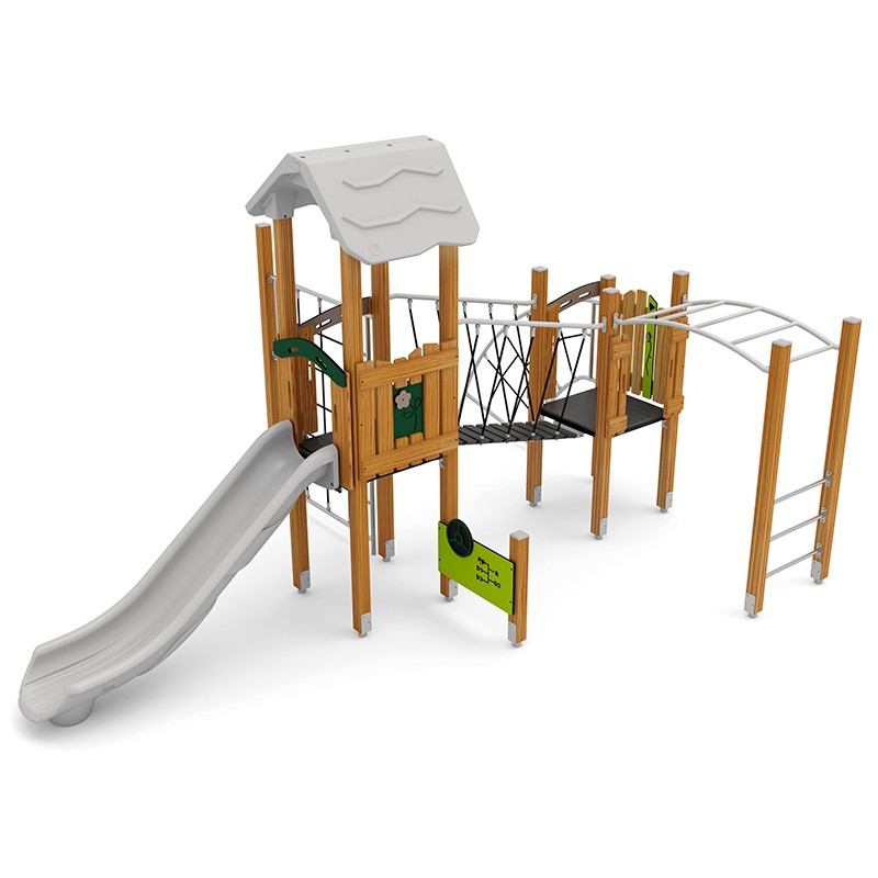 Structura modulara - Turnuri cu tobogan, punte, scara maimute, cataratori si panou educational PZG-W-B006