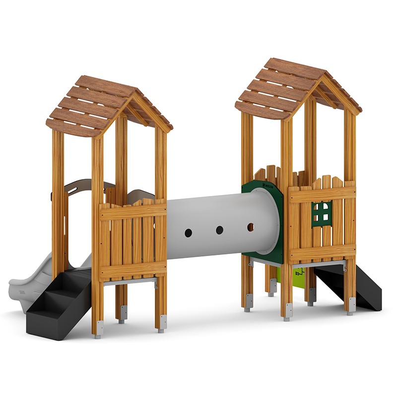Structura modulara prescolari - Turnuri cu tobogan, pasaj tunel si panou educational PZG-W-B018