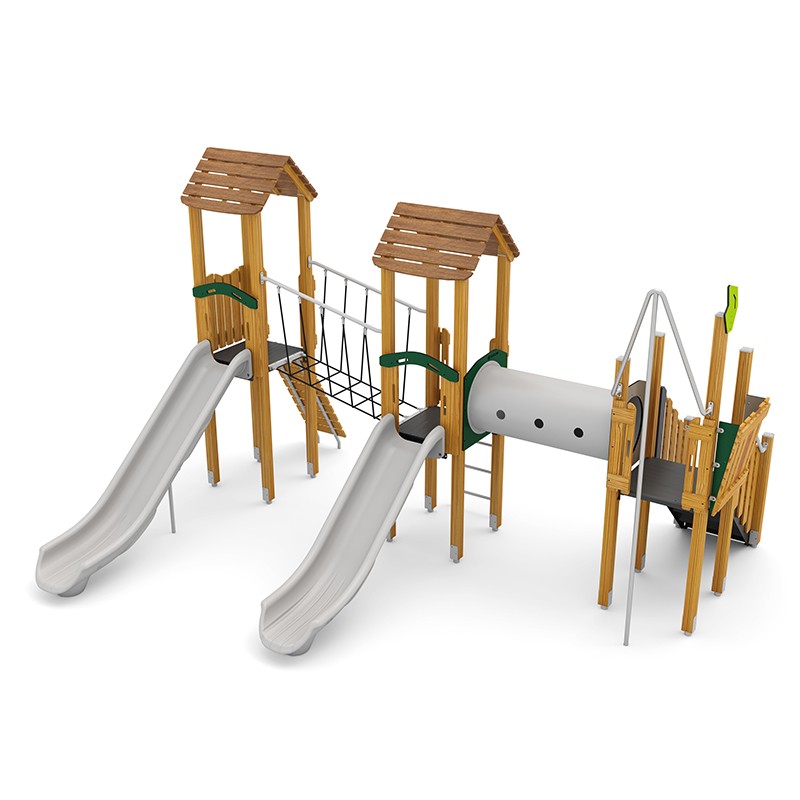 Structura modulara - Turnuri cu 2 tobogane, pasaj tunel, punte, cataratori si bara de pompieri PZG-W-B007