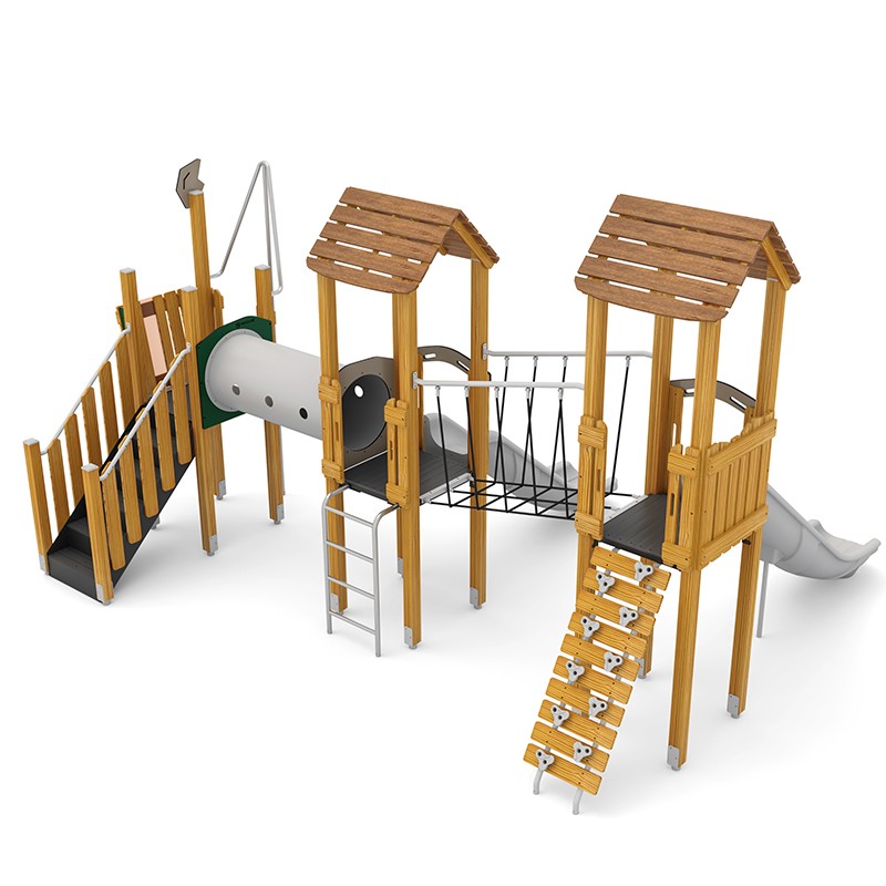 Structura modulara - Turnuri cu 2 tobogane, pasaj tunel, punte, cataratori si bara de pompieri PZG-W-B007 - imagine 2