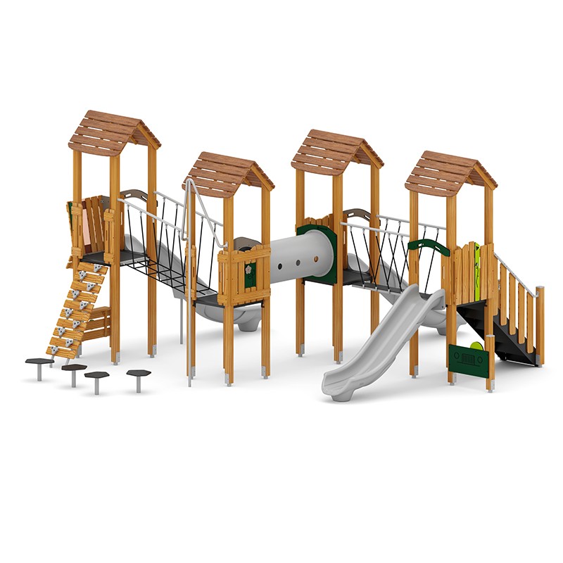 Structura modulara - Turnuri cu 3 tobogane, punti, pasaj tunel, cataratori, traseu echilibru, bara de pompieri si panou educational PZG-W-B010