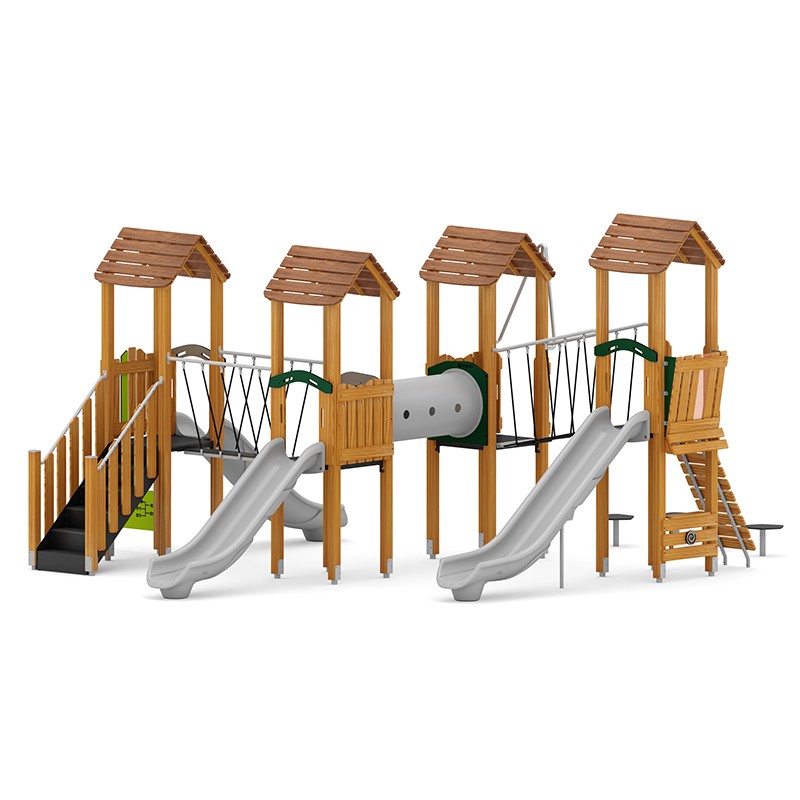 Structura modulara - Turnuri cu 3 tobogane, punti, pasaj tunel, cataratori, traseu echilibru, bara de pompieri si panou educational PZG-W-B010 - imagine 2