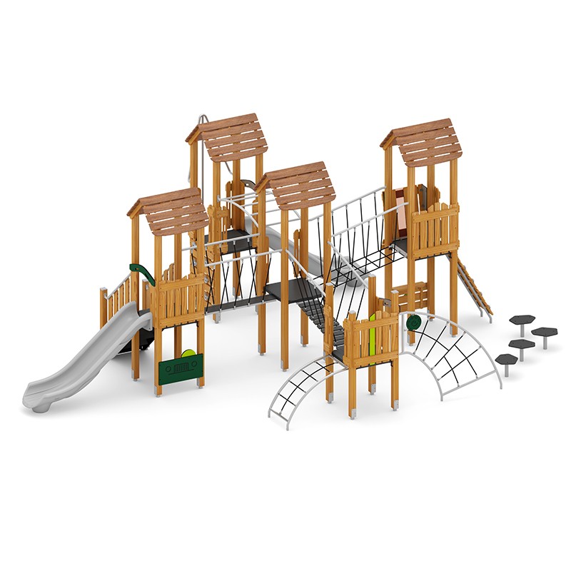 Structura modulara - Turnuri cu 2 tobogane, punti, cataratori, traseu echilibru, bara de pompieri si panou educational PZG-W-B011