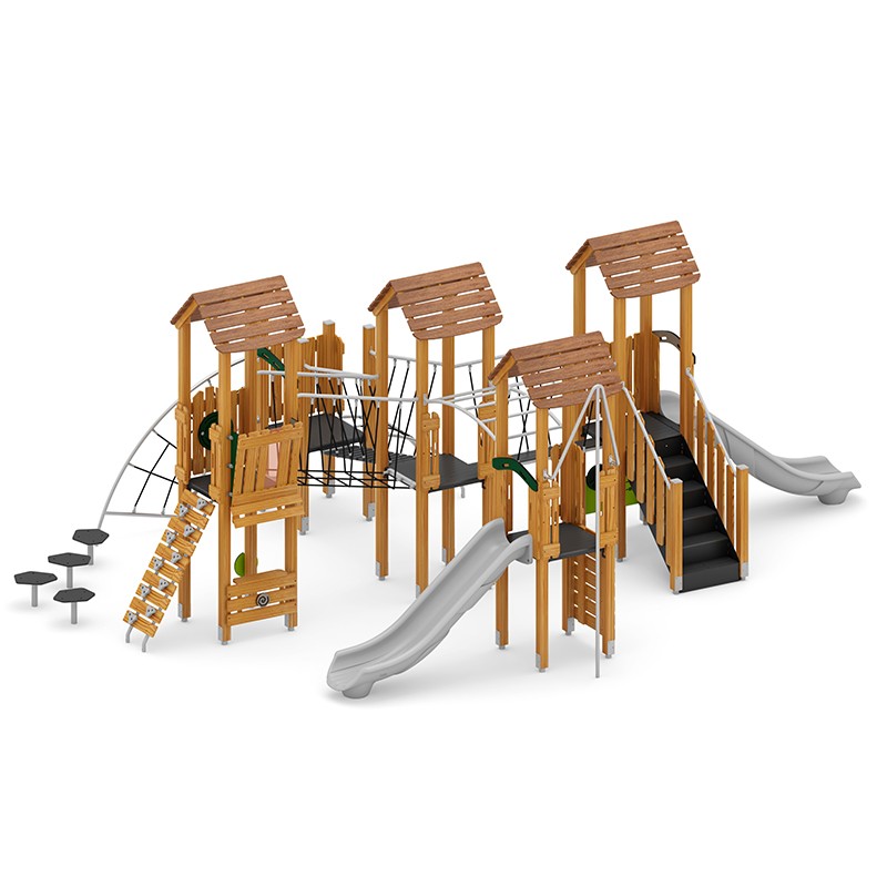 Structura modulara - Turnuri cu 2 tobogane, punti, cataratori, traseu echilibru, bara de pompieri si panou educational PZG-W-B011 - imagine 2