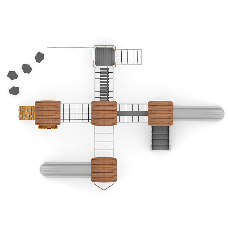 Structura modulara - Turnuri cu 2 tobogane, punti, cataratori, traseu echilibru, bara de pompieri si panou educational PZG-W-B011 - imagine 3