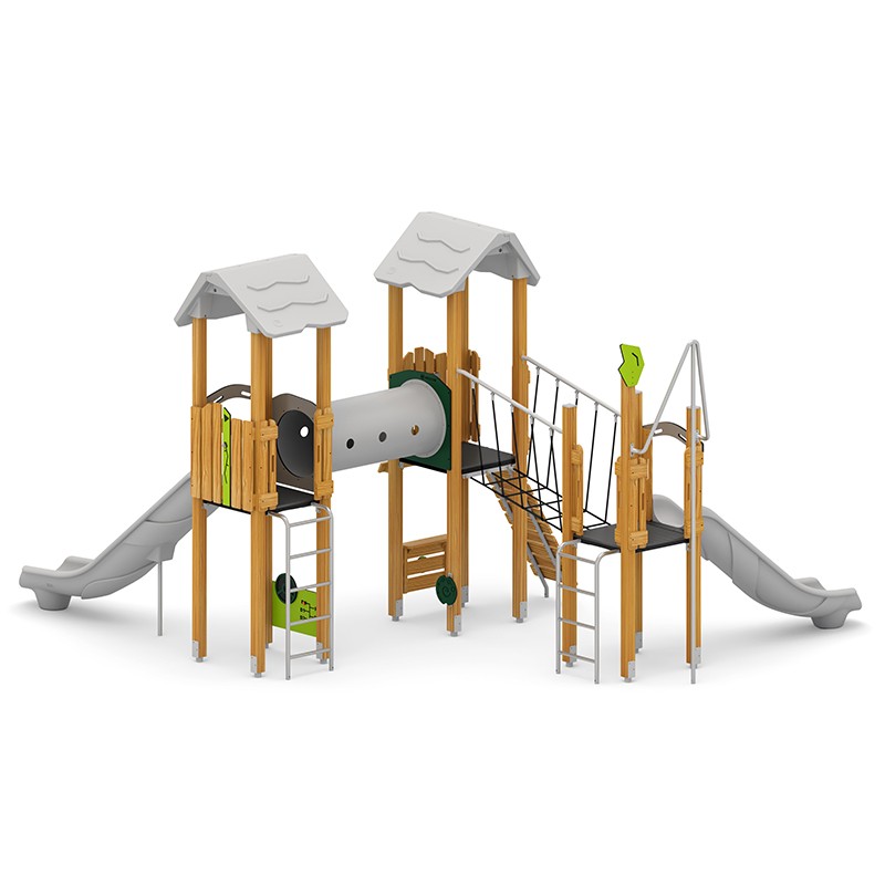 Structura modulara - Turnuri cu 2 tobogane, pasaj tunel, punte, cataratori, bara de pompieri si panou educational PZG-W-B008