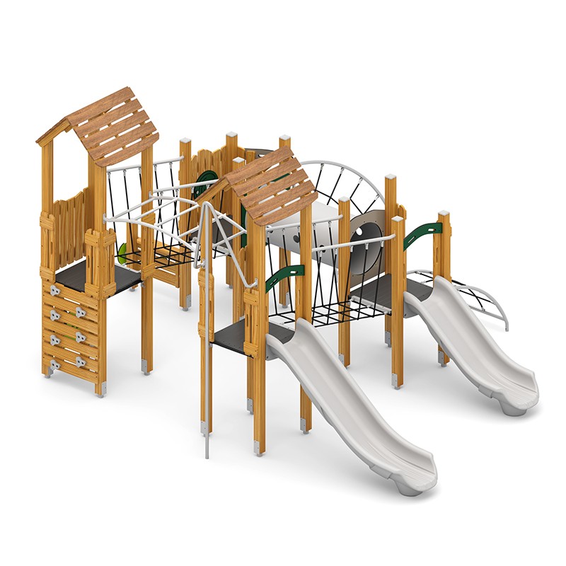 Structura modulara - Turnuri cu 2 tobogane, pasaj tunel, punti, scara maimute, cataratori, bara de pompieri si panou educational PZG-W-B009
