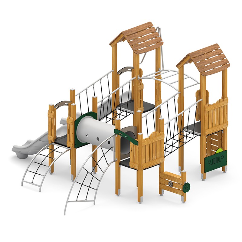 Structura modulara - Turnuri cu 2 tobogane, pasaj tunel, punti, scara maimute, cataratori, bara de pompieri si panou educational PZG-W-B009 - imagine 2