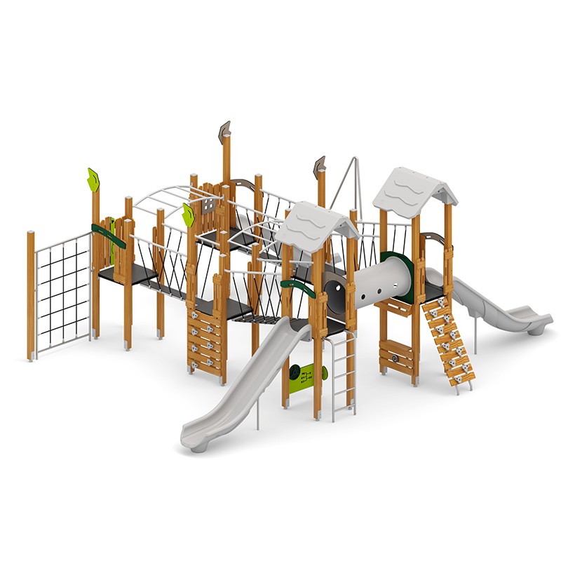 Structura modulara - Turnuri cu 2 tobogane, pasaj tunel, punti, scari maimute, cataratori, bara de pompieri si panou educational PZG-W-B012