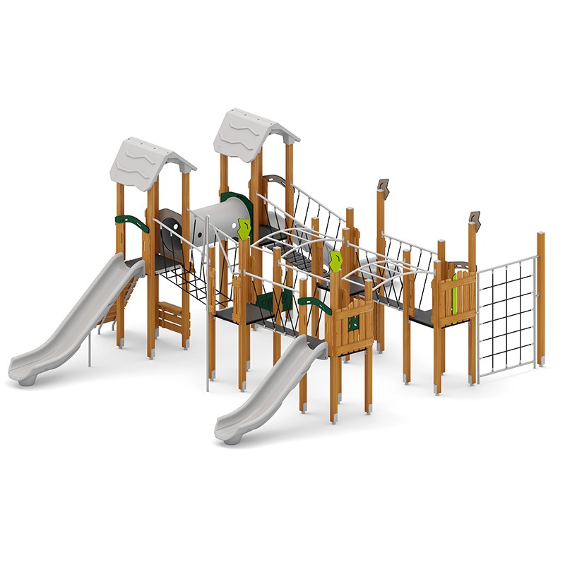 Structura modulara - Turnuri cu 2 tobogane, pasaj tunel, punti, scari maimute, cataratori, bara de pompieri si panou educational PZG-W-B012 - imagine 2