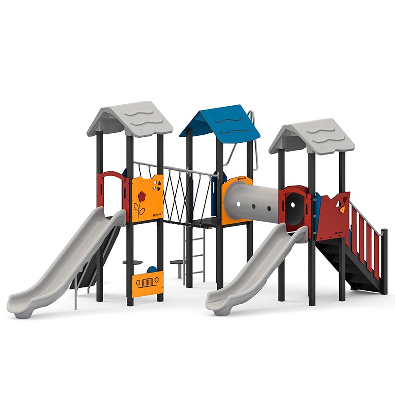 Structura modulara - Turnuri cu 2 tobogane, pasaj tunel, punte, cataratori, bara de pompieri si panou educational PZG-W-A008P