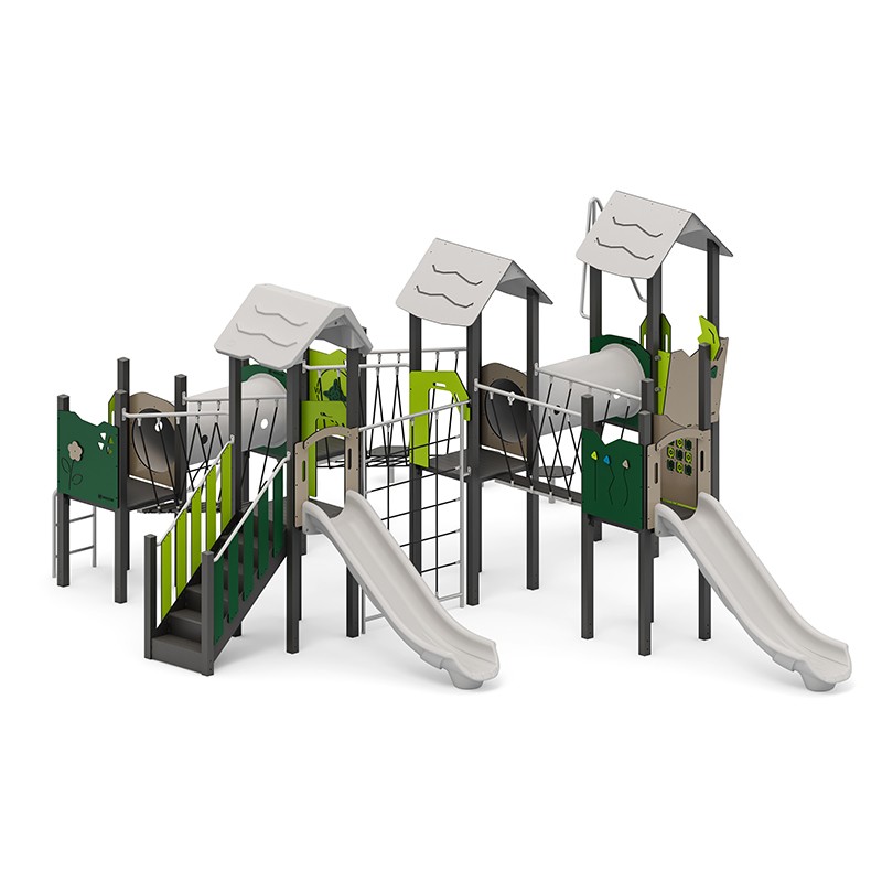 Structura modulara - Turnuri cu tobogane, pasaje tunel, punti, bara de pompieri si traseu echilibru PZG-W-A011N