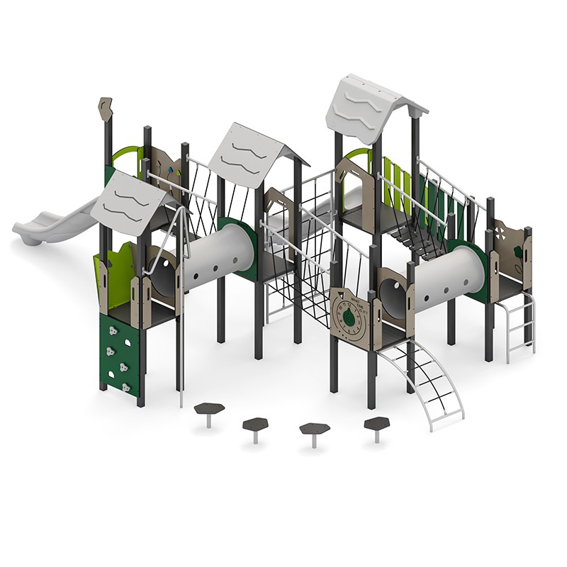 Structura modulara - Turnuri cu tobogane, pasaje tunel, punti, bara de pompieri si traseu echilibru PZG-W-A011N