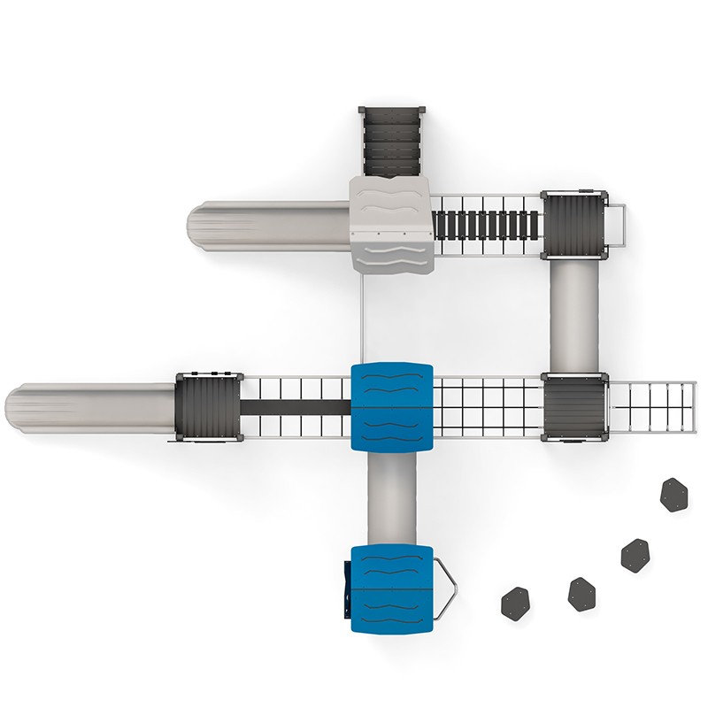Structura modulara - Turnuri cu tobogane, pasaje tunel, punti, bara de pompieri si traseu echilibru PZG-W-A011P