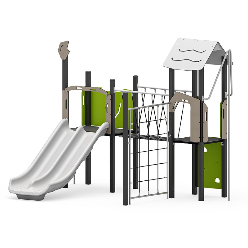 Structura modulara - Turnuri cu tobogan dublu, punte, bara de pompieri si cataratori PZG-W-A013N