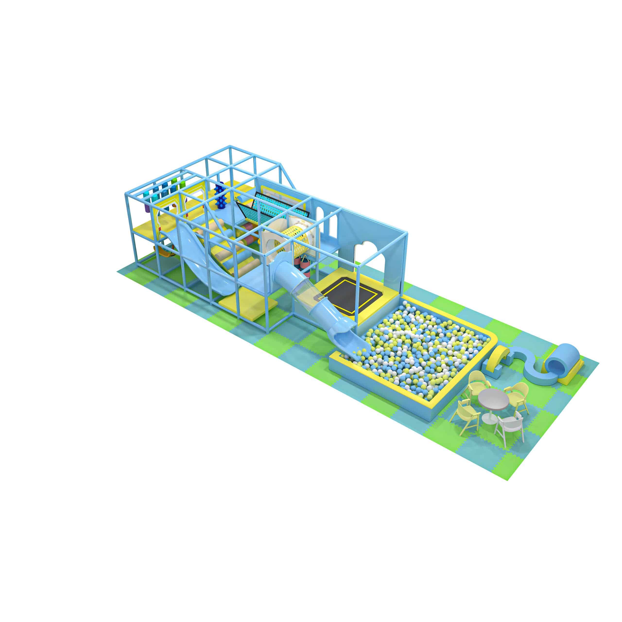 Joyful Blue - Structura modulara de interior cu tobogan tubular, tobogan drept, trambulina, bile, pod mobil, tunel