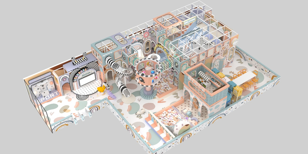 Proiect Playzone Concept, amenajare completa spatiu joaca copii 350 mp, cu structura modulara pe 3 etaje