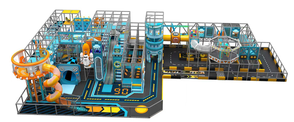 Proiect Playzone Concept, amenajare completa spatiu joaca copii 400 mp, tema SAPCE, cu structura modulara multifunctionala si tobogan spiralat