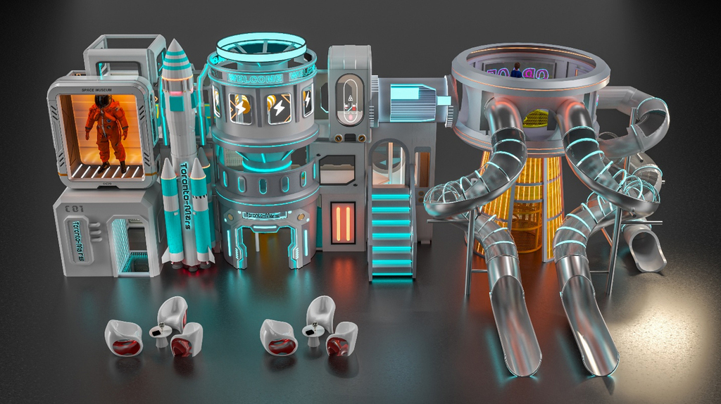 Proiect Playzone Concept, amenajare completa spatiu joaca copii 200 mp, tematica SPACE