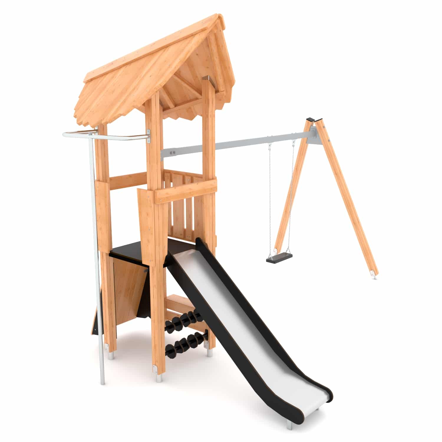 Echipament modular Turn cu tobogan, leagan, panouri educationale si bara de pompieri NATURO PZP-NT3638
