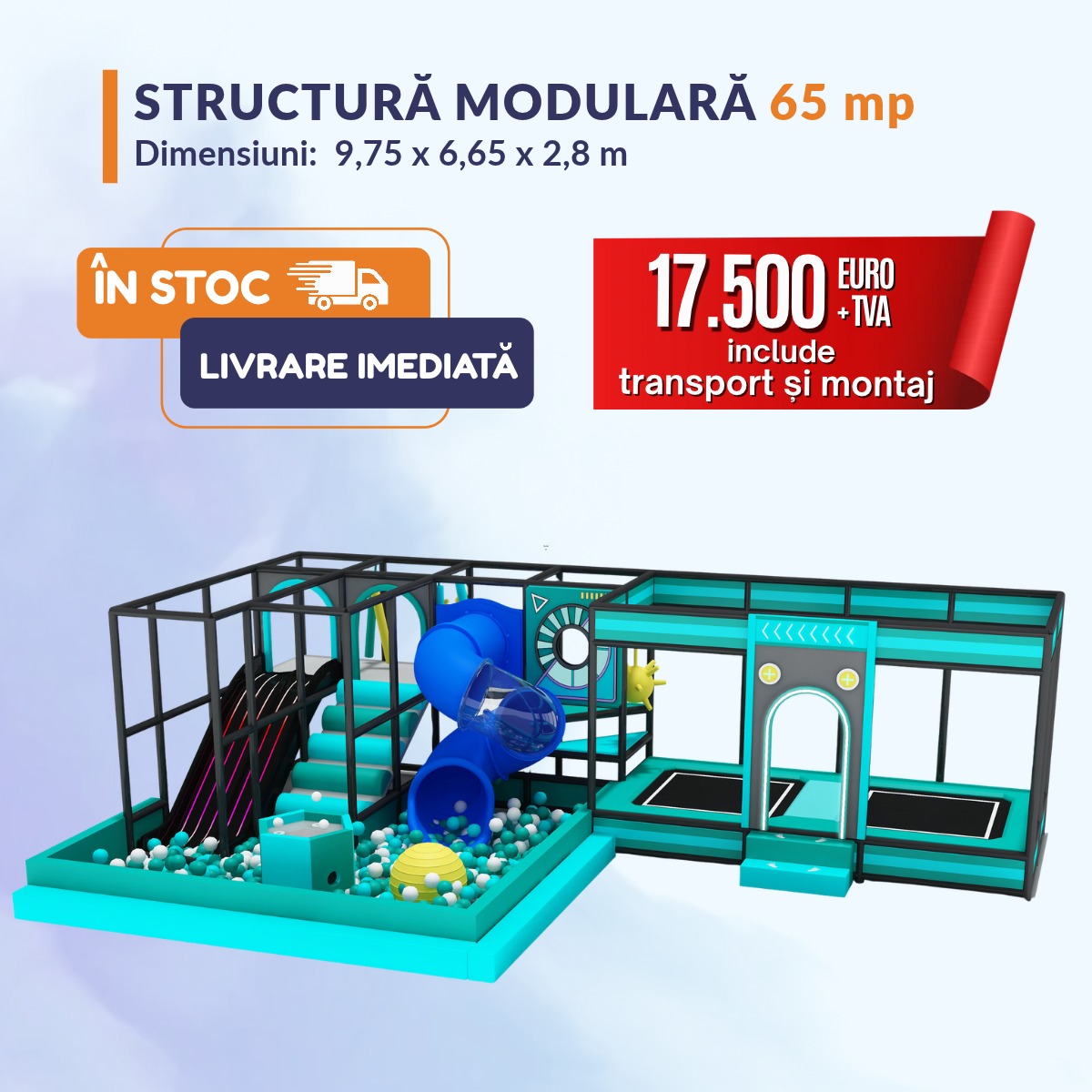 Structura modulara pentru loc de joaca cu tobogan spiralat, tobogan led 2 piste, piscina cu bile, 2 trambuline PLZ-ST002
