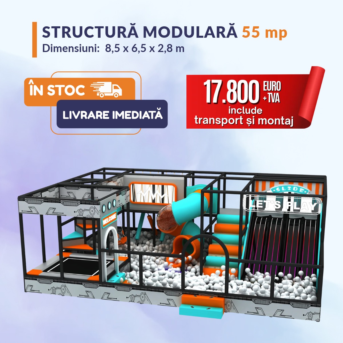 Structura modulara pentru loc de joaca cu tobogan spiralat, tobogan led 4 piste, piscina cu bile, trambulina PLZ-ST001